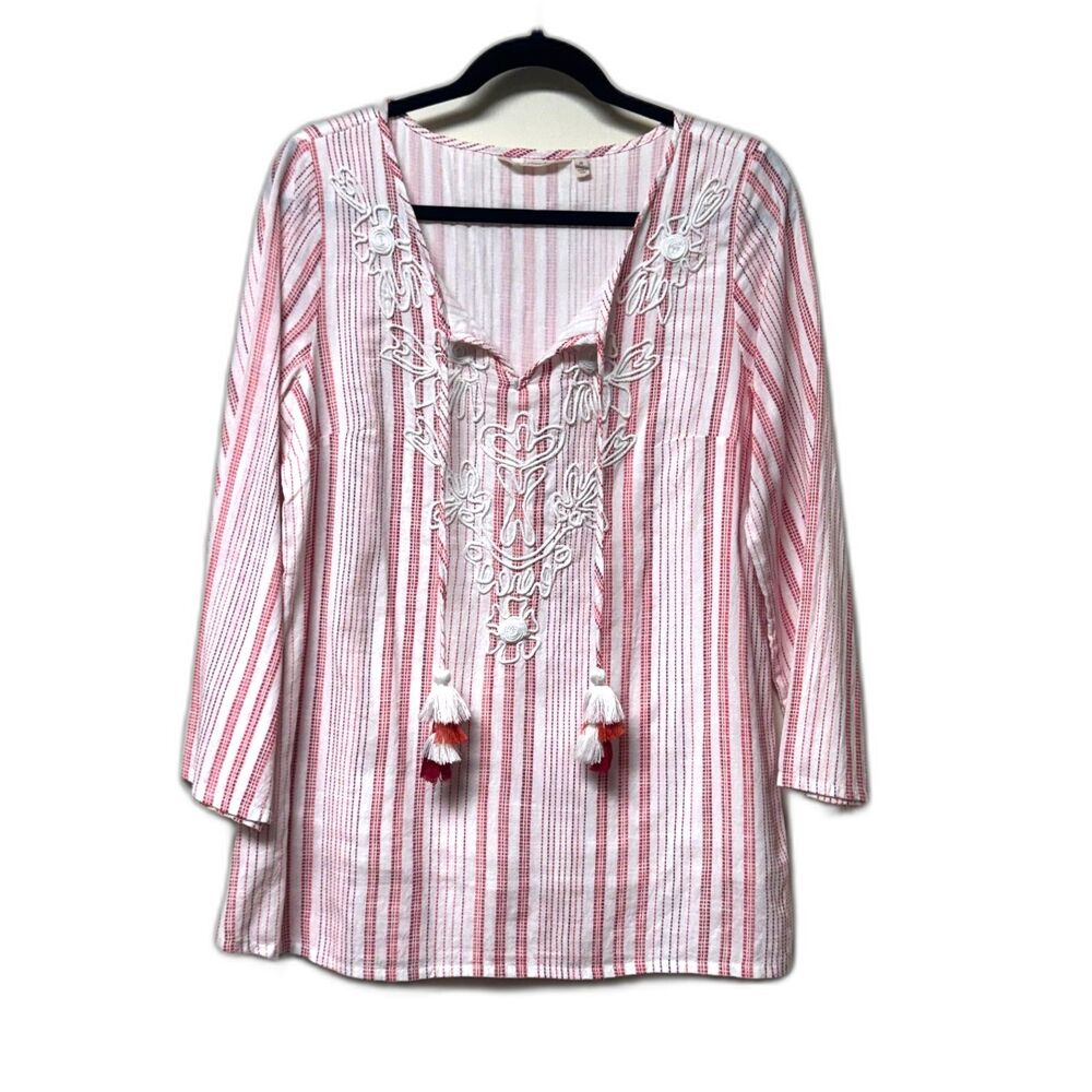 SOFT SURROUNDINGS Red/White Candy Cane Stripe Embroidered Tunic, Sz M